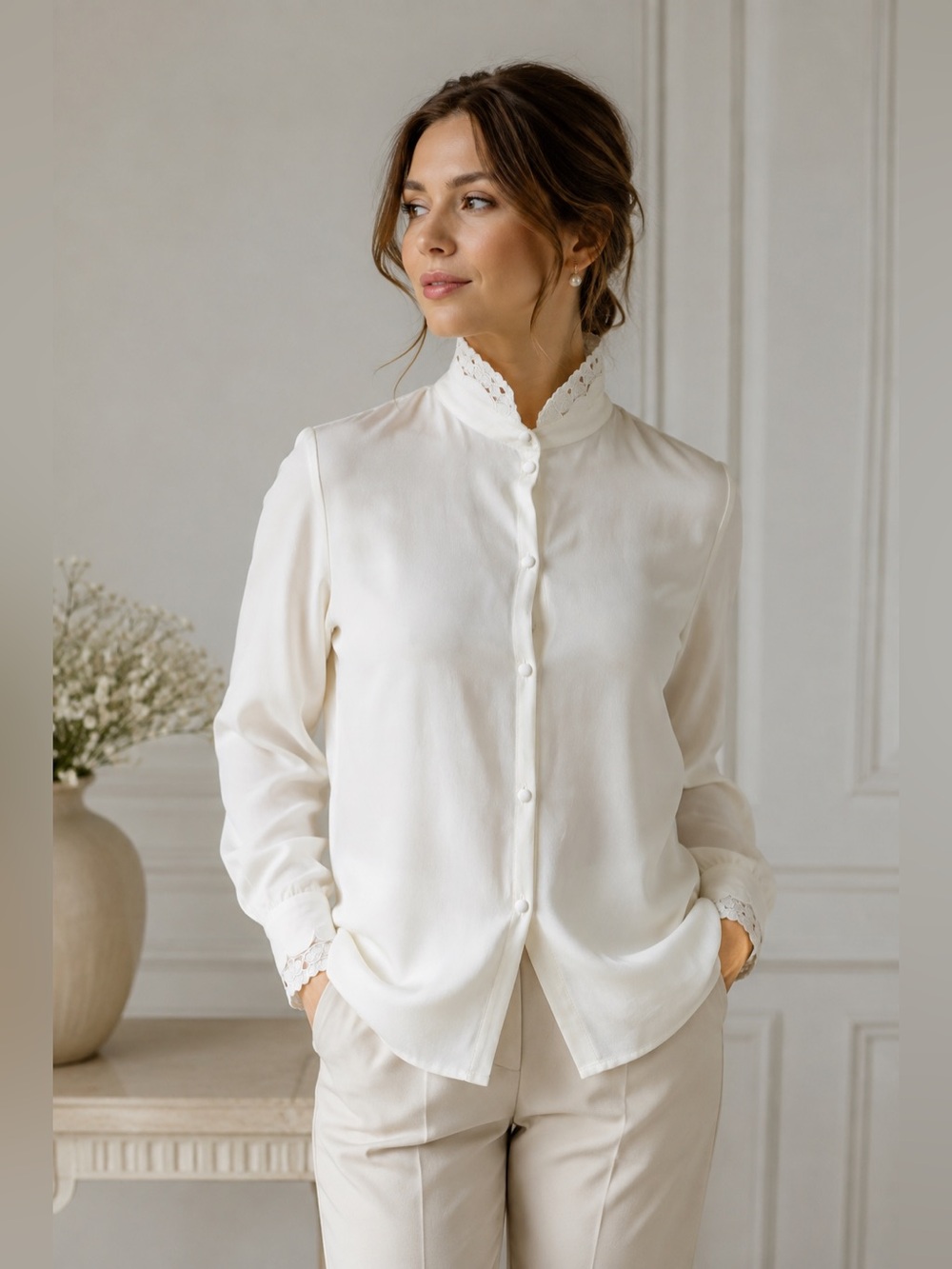 Sézane Ivory Silk Lace Trim High Neck Blouse Long Sleeve Button Size 36 US 4
